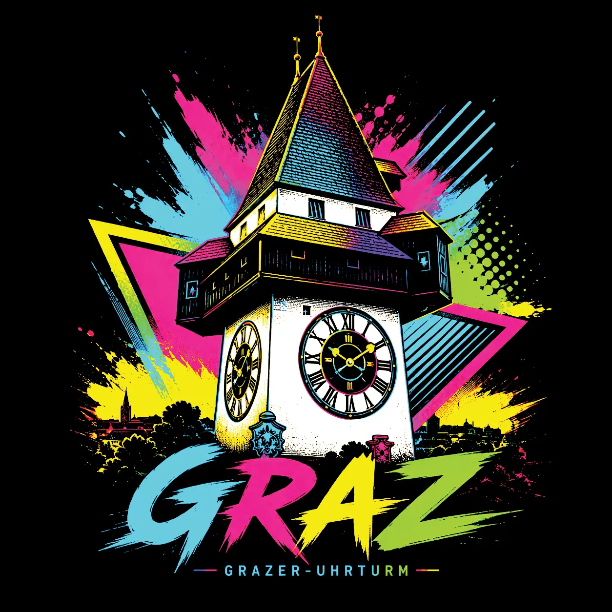 Grazer Uhrturm-Motiv in CMYK — wie es im Druck erscheint