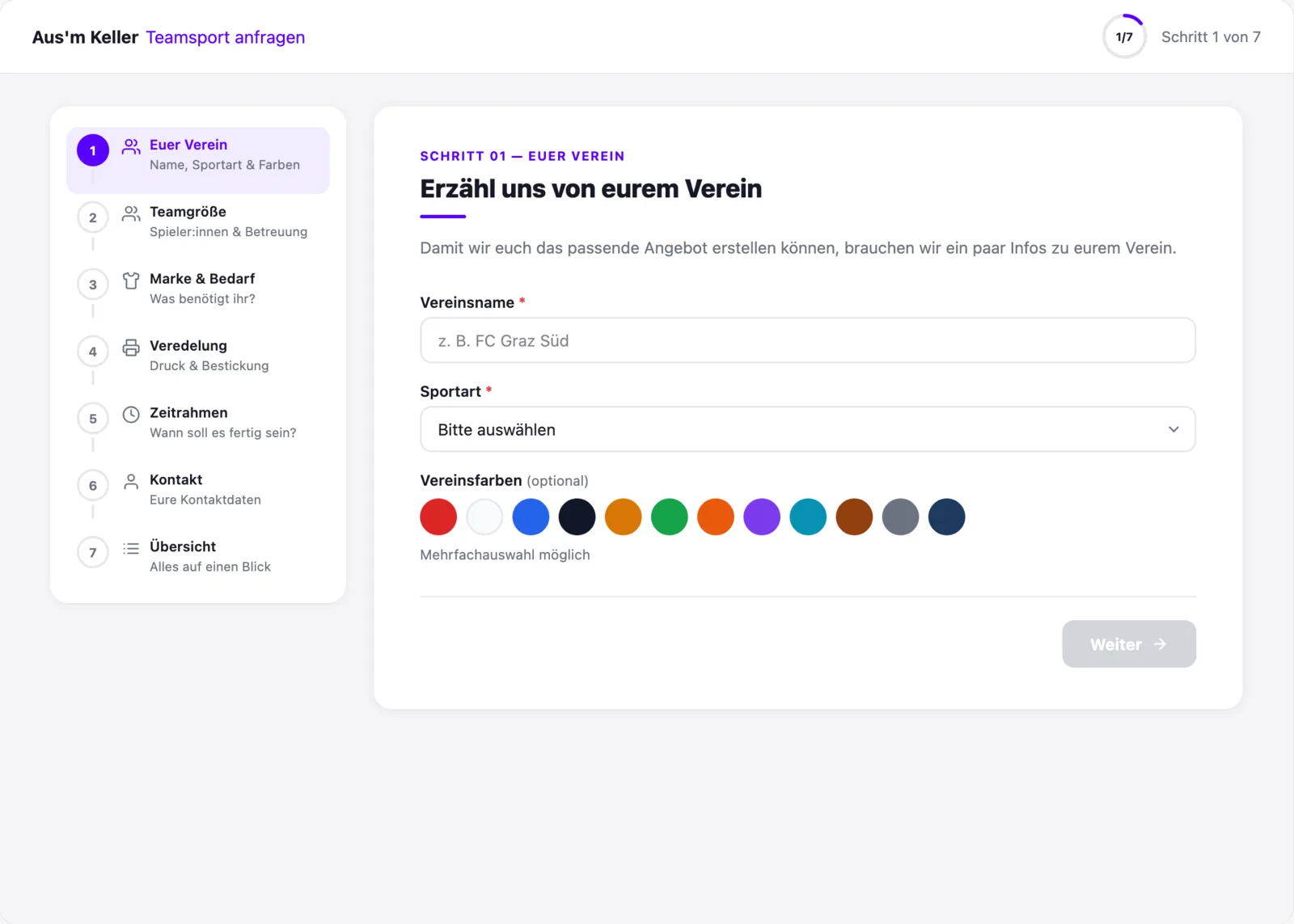 Vorschau des Teamwear-Anfrageformulars