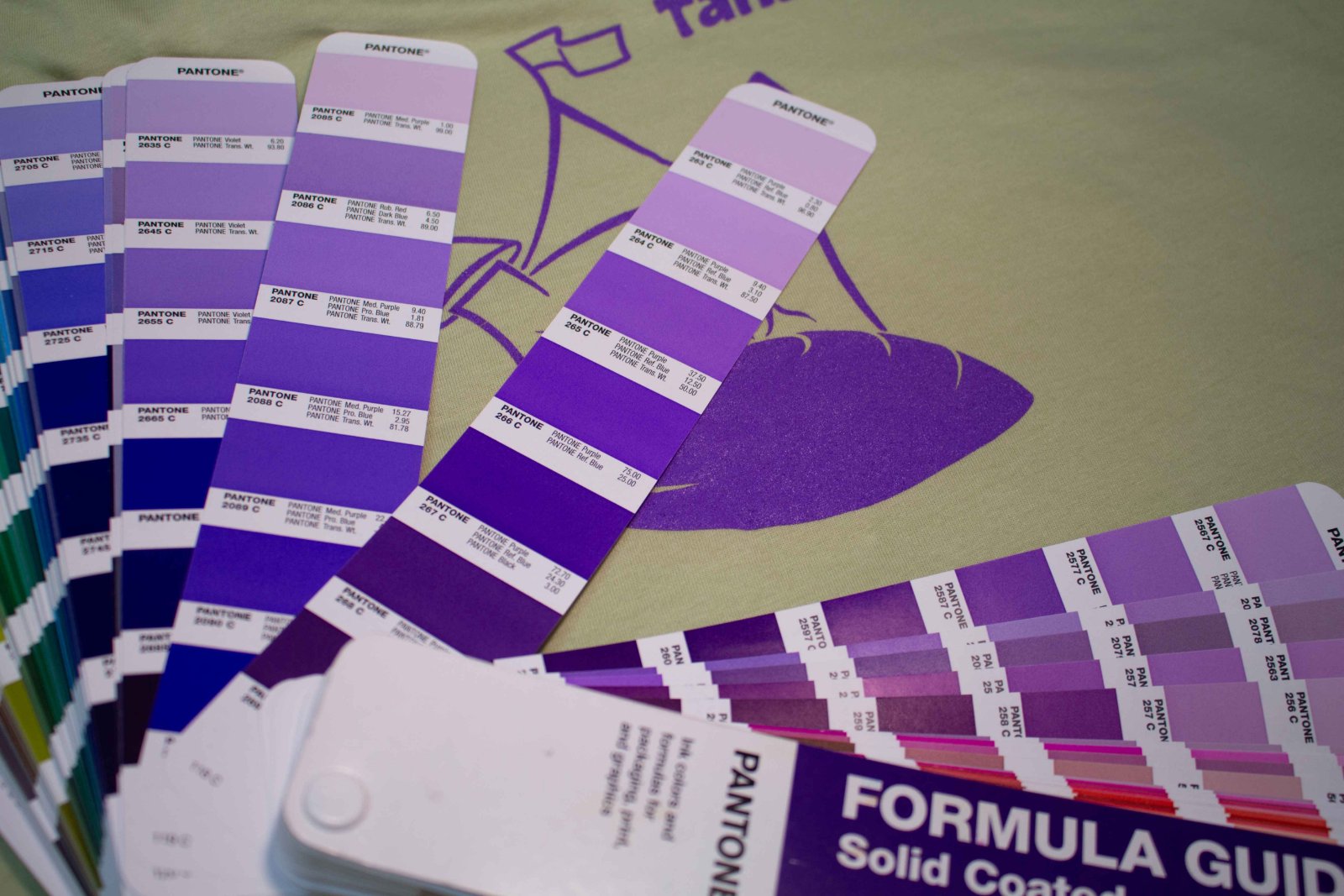 Pantone-Fächer auf dem grünen Tandalier-Shirt — exakte Anmischung des violetten Drucktons
