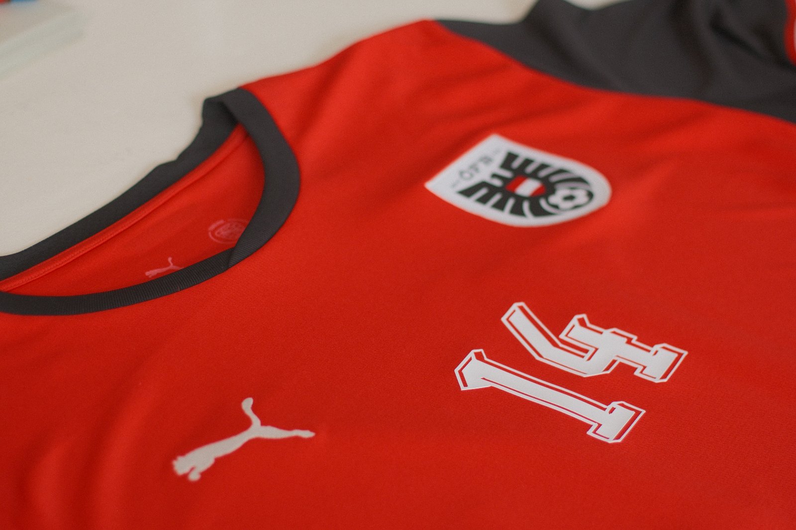 Rotes Puma-Fußballtrikot mit weißem Vereinslogo und Verbands-Wappen, im Studio bedruckt — Detailansicht von Kragen und Brustprint